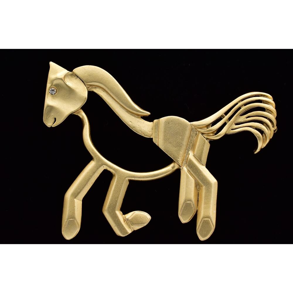 Vintage Horse Pin Brooch Sandy Brushed Gold Matte Chunky Large 1980s BinBP